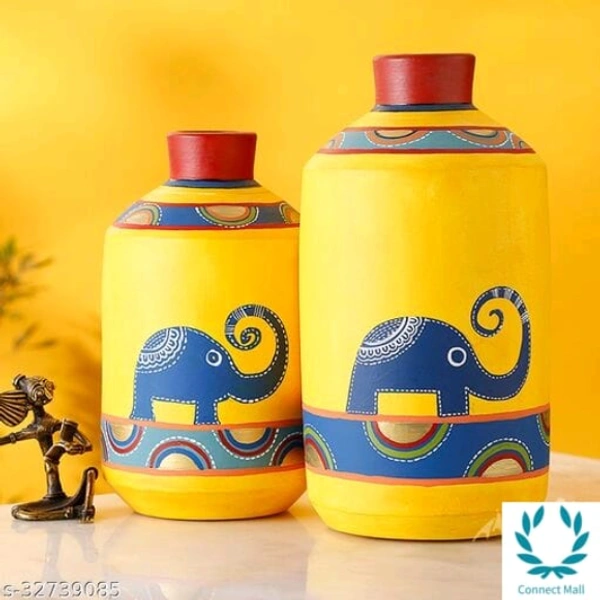 Happy Elephants Madhubani Yellow Vases(Set of 2) (8x4.6/10x5.4) - Yellow, Handicraft